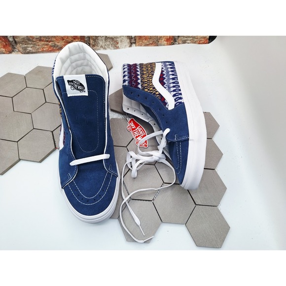 VANS Sk8-Hi Fair Isle Suede Shoes Blue Yellow Pattern Uggly Sweater Men Sz 12 - Picture 12 of 13
